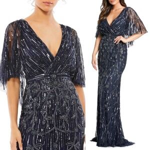 Mac Duggal NEW Navy Embellished Cap Sleeve Faux Wrap Trumpet Gown $698 Size 12